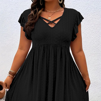 📢📢Limitiertes Angebot – 50 % Rabatt + kostenlose Halskette !! ⏰Damenkleid mit V-Ausschnitt und Rüschenbesatz