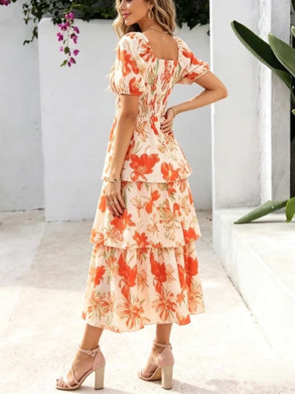 🔥Letzter Tag des Schlussverkaufs – 50 % Rabatt🔥Damen-Maxikleid aus Chiffon mit Blumenmuster und Stufenschnitt – kurze Ärmel, quadratischer Ausschnitt