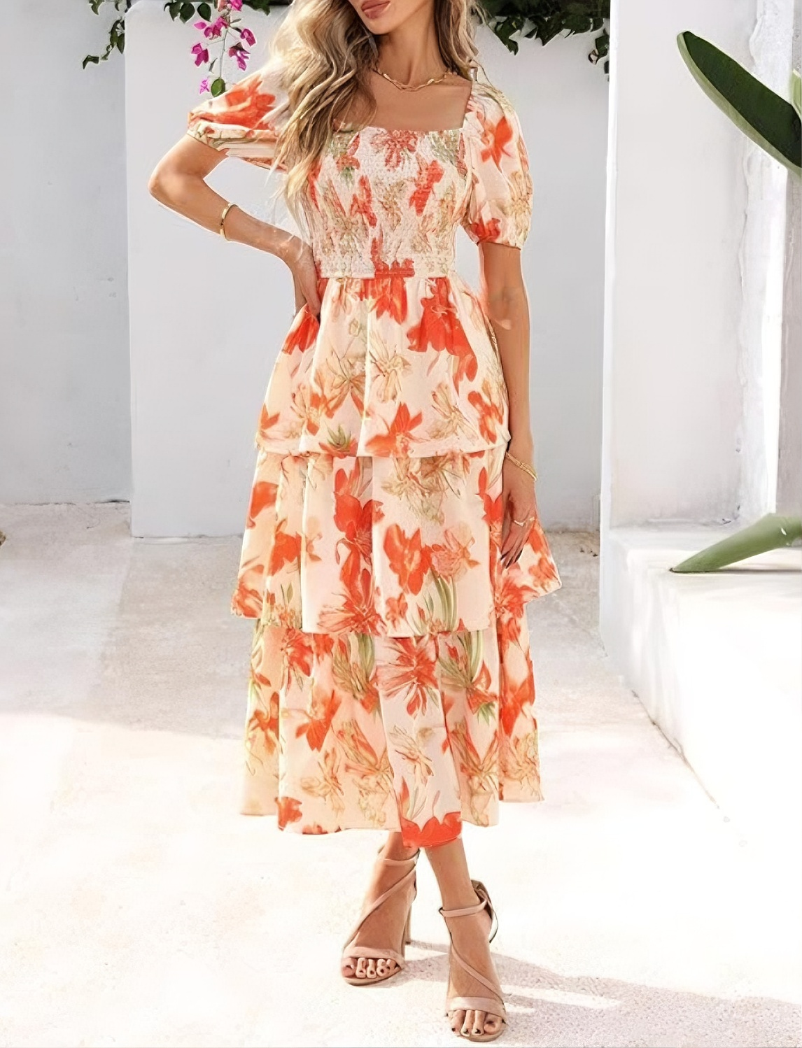 💃Damen Blumenkleid mit eckigem Ausschnitt & Puffärmeln 🌸