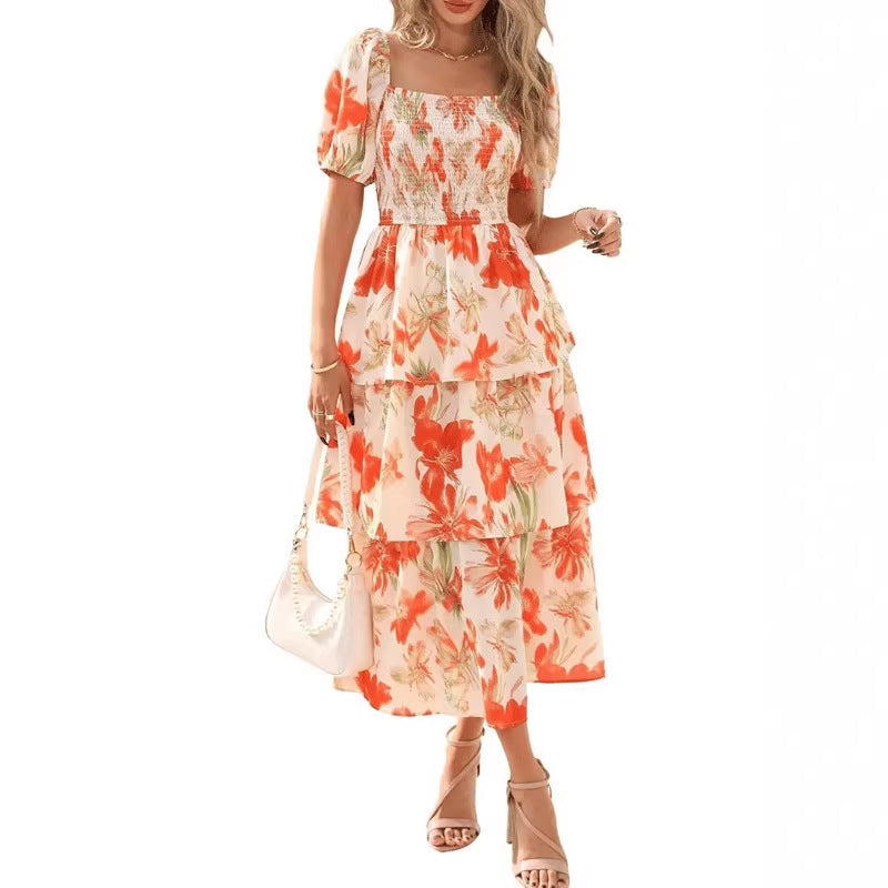 💃Damen Blumenkleid mit eckigem Ausschnitt & Puffärmeln 🌸