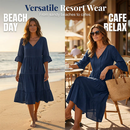 💃 50% RABATT 🔥 Damen Midikleid mit V-Ausschnitt, Quasten & Stufenrock – elegant, verspielt & perfekt für jeden Anlass ✨