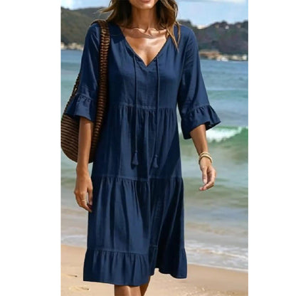 💃 50% RABATT 🔥 Damen Midikleid mit V-Ausschnitt, Quasten & Stufenrock – elegant, verspielt & perfekt für jeden Anlass ✨