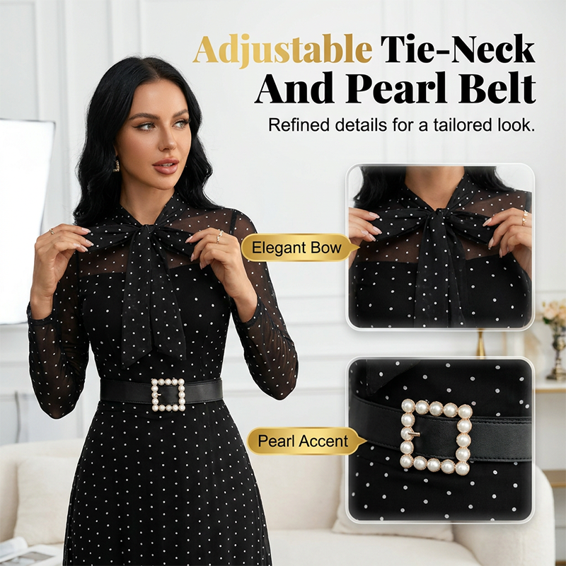 Elegant Polka Dot Tie-Neck Midi Dress 