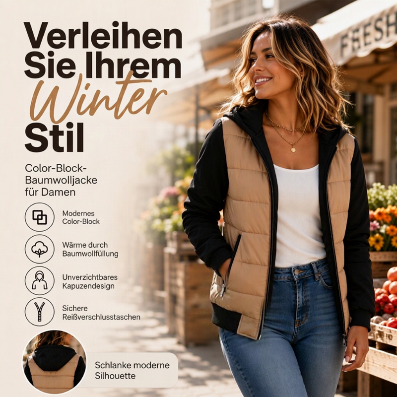 📢🎉50%Rabatt!!!🛍️✨Damen Farbblock gesteppte Kapuzenjacke