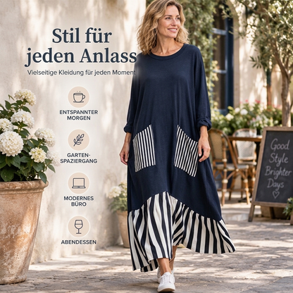 🥳Über 50.000 verkauft! 50% Rabatt!🥳 Damen Maxikleid mit Streifen-Patchwork und langen Ärmeln