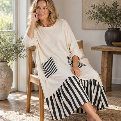 🥳Über 50.000 verkauft! 50% Rabatt!🥳 Damen Maxikleid mit Streifen-Patchwork und langen Ärmeln