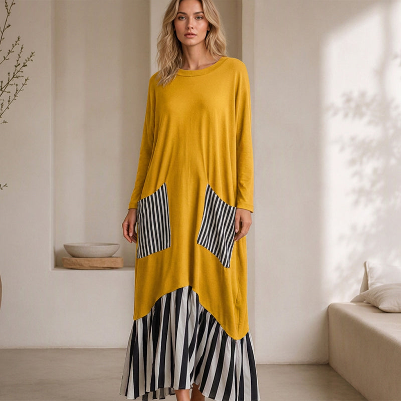 🥳Über 50.000 verkauft! 50% Rabatt!🥳 Damen Maxikleid mit Streifen-Patchwork und langen Ärmeln
