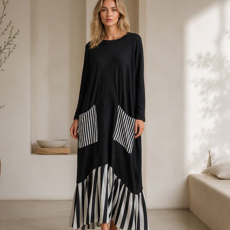 🥳Über 50.000 verkauft! 50% Rabatt!🥳 Damen Maxikleid mit Streifen-Patchwork und langen Ärmeln