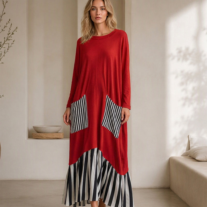 🥳Über 50.000 verkauft! 50% Rabatt!🥳 Damen Maxikleid mit Streifen-Patchwork und langen Ärmeln